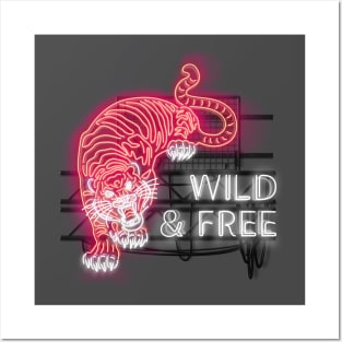 Wild and Free glowing RED Neon Tiger and Text Sign Posters and Art